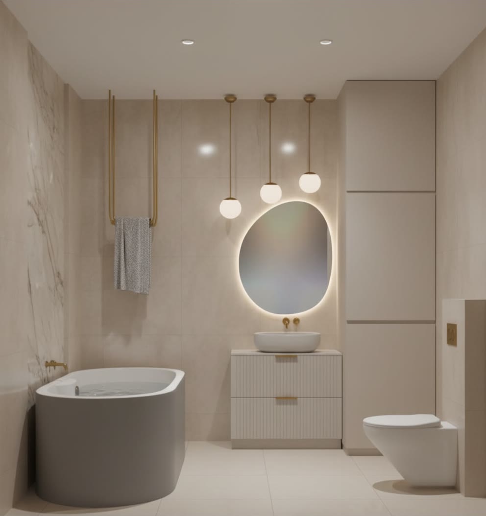 Łazienka z podświetlaną ścianą z onyksu, wcześniejsza wersja wizualizacji WIZJA Interior Design Studio