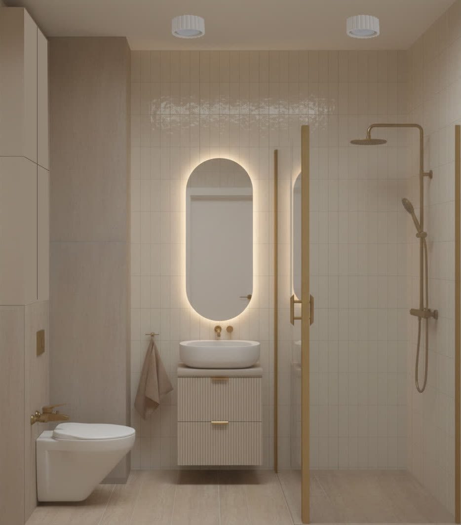 Łazienka w kamieniu i złotej armaturze, wizualizacja WIZJA Interior Design Studio